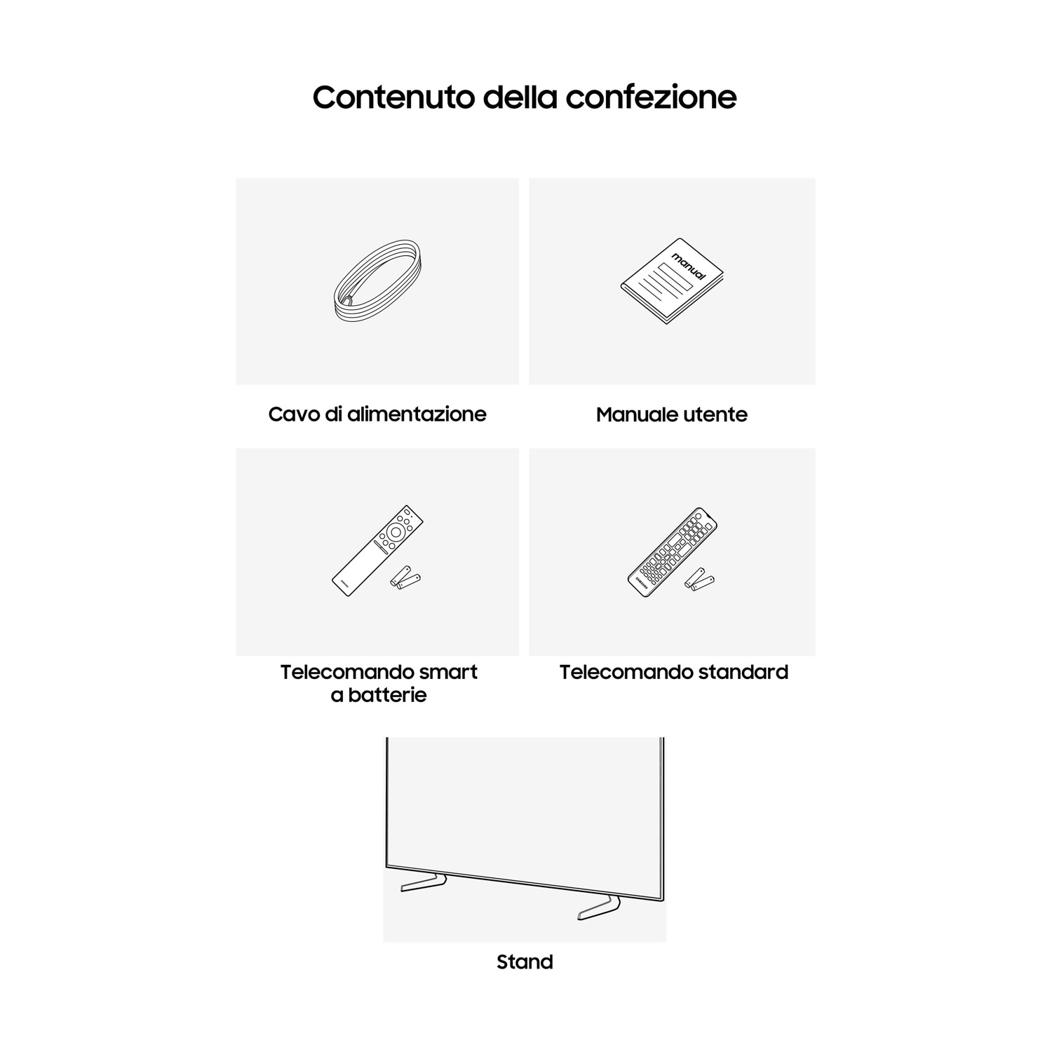 Contenuto della confezione: Cavo alimentazione, manuale, telecomandi, supporto.