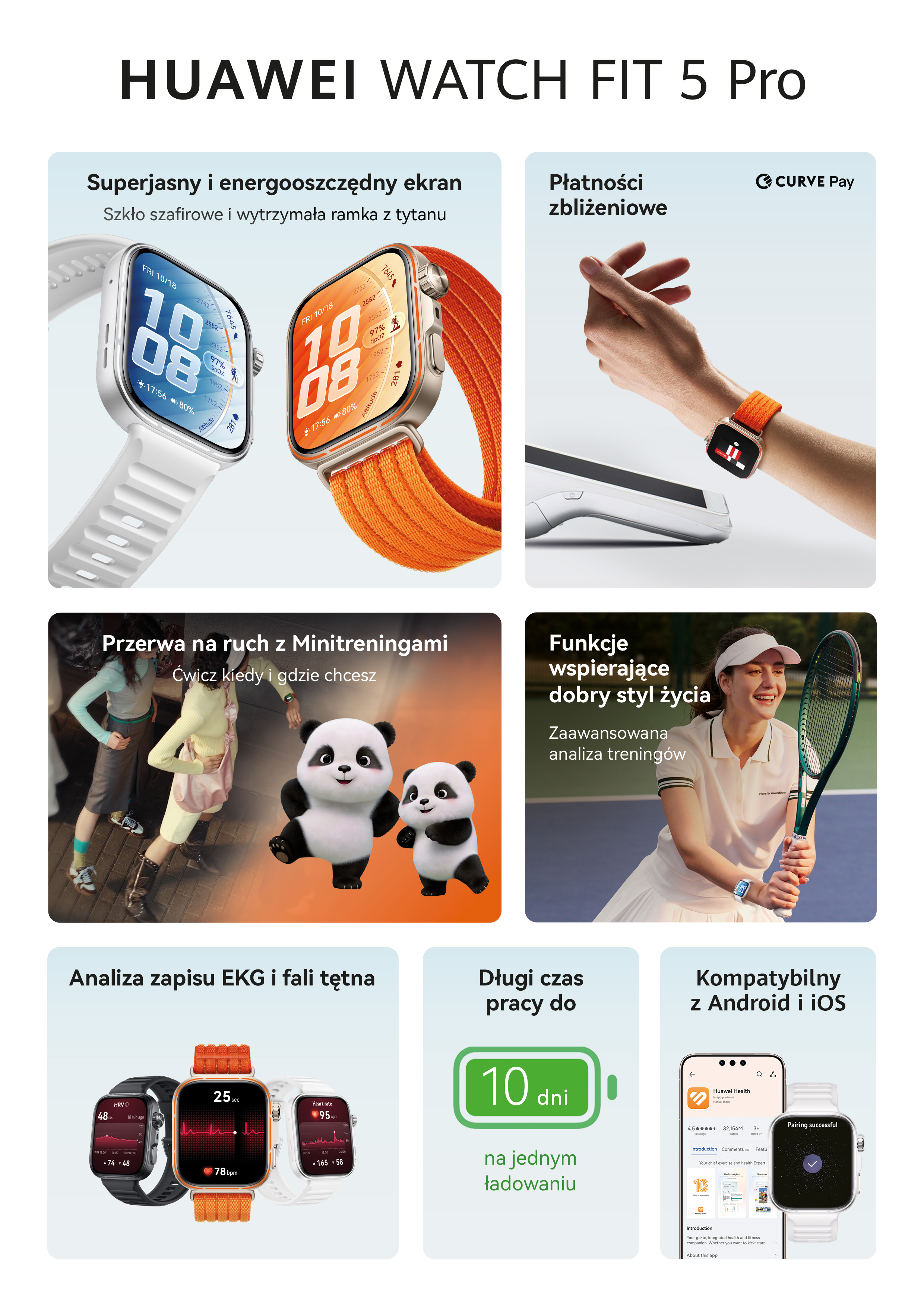 Huawei Watch Fit 5 Pro z wieloma tarczami i paskami.