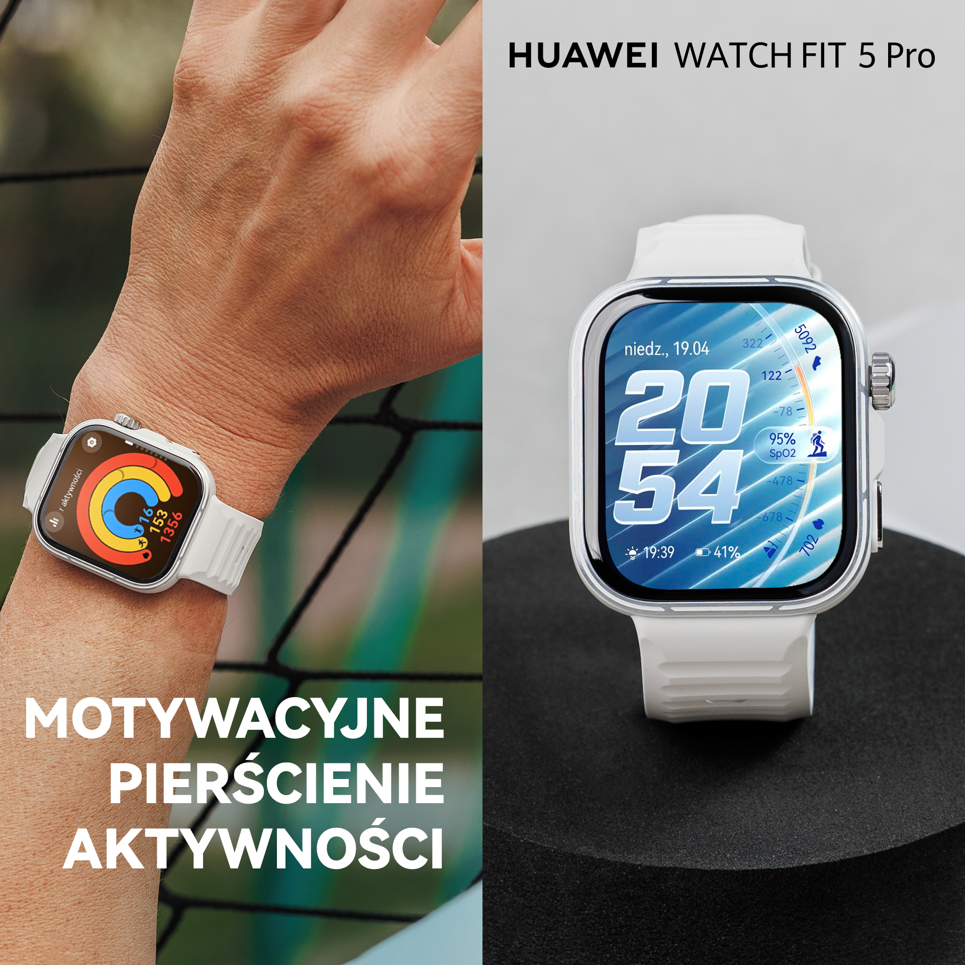Huawei Watch Fit 5 Pro z pierścieniami aktywności i cyfrowym zegarem.