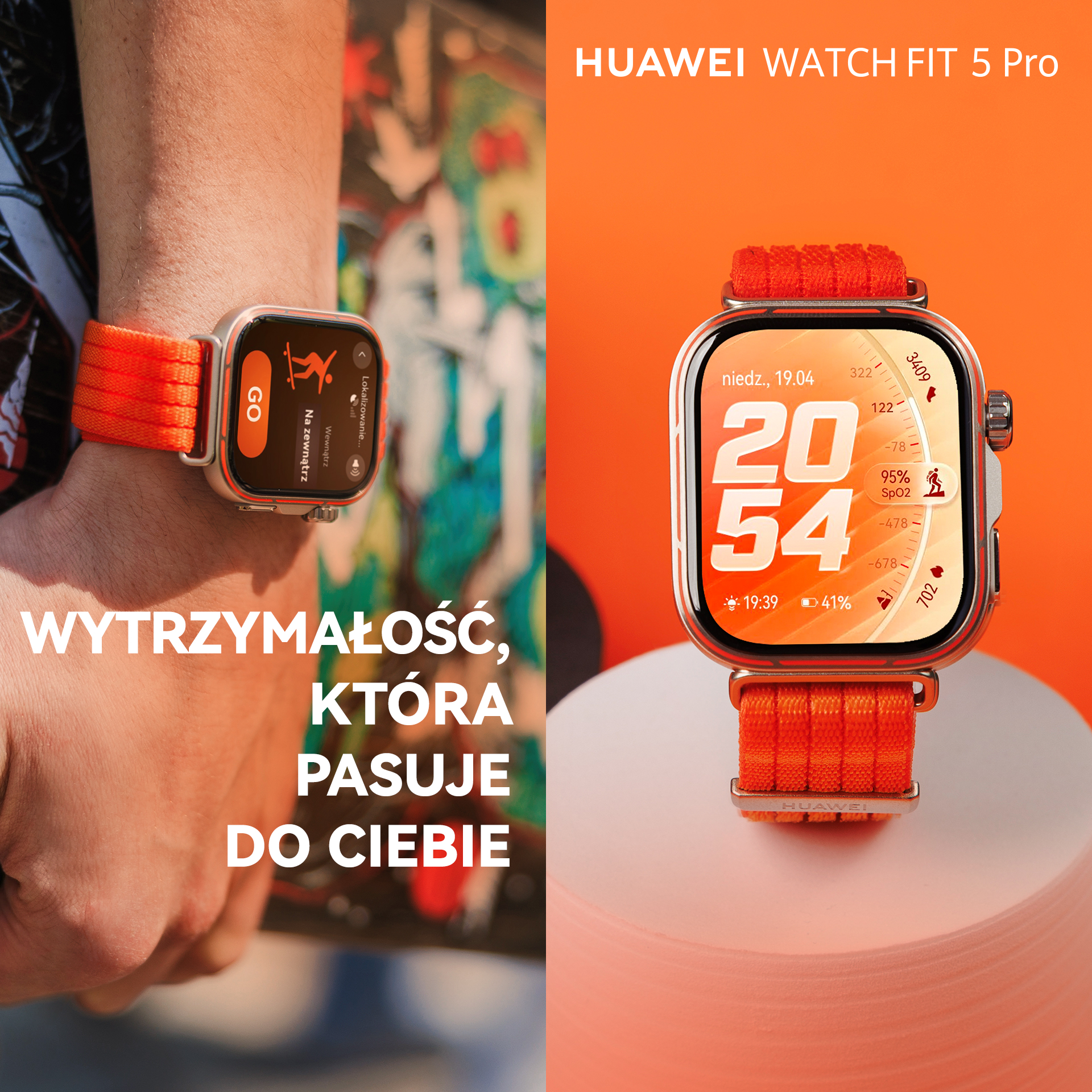 Osoba nosi smartwatch z pomarańczową bransoletą. Zegarek wyświetla czas, datę i wskaźniki zdrowia.