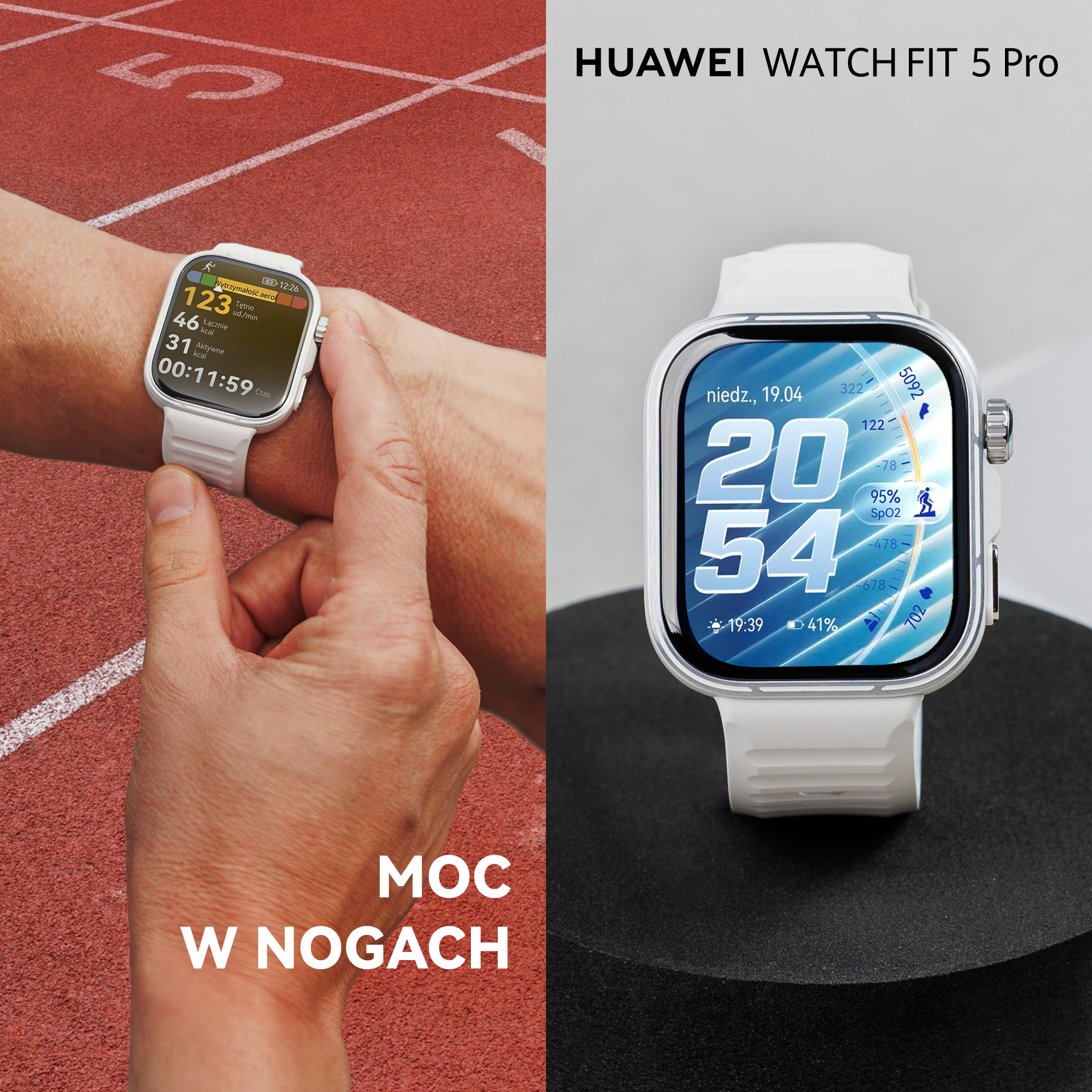 Dłoń nosi biały smartwatch na bieżni. Obok leży inny zegarek.