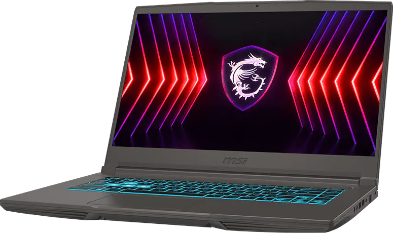 Egy sötétszürke MSI gamer laptop, képernyőjén világító sárkány logóval és kék háttérvilágítású billentyűkkel.