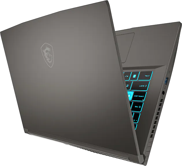 Szürke laptop kék megvilágítású billentyűzettel és sárkány logóval a fedélen.