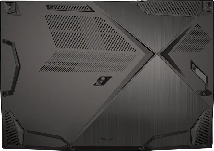 Fekete laptop felülnézetben, szellőzőkkel és geometrikus vonalakkal.
