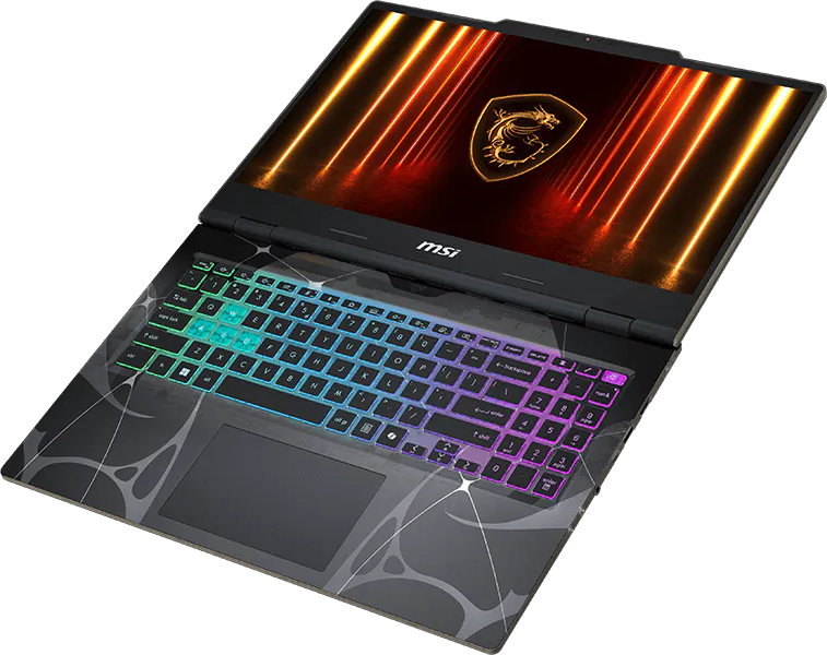 Egy nyitott laptop világító billentyűzettel és sárkány logóval a képernyőn.