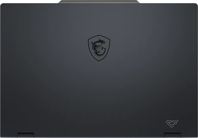 Sötétszürke laptop, köz épen MSI sárkány logóval, alul jobb oldalon kis logóval.