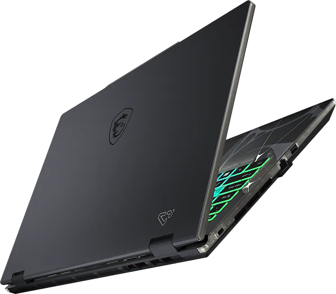 Egy fekete laptop világító billentyűzettel és MSI logóval.