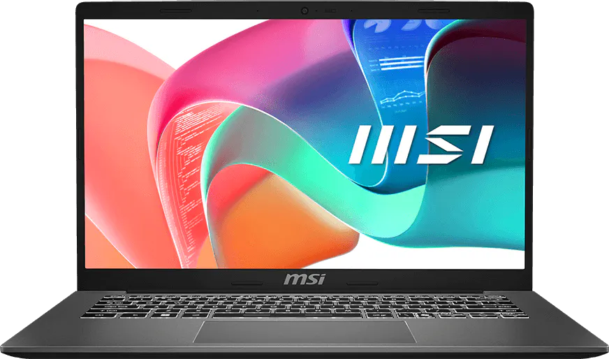 Egy szürke MSI laptop színes, absztrakt háttérrel és az MSI logóval.