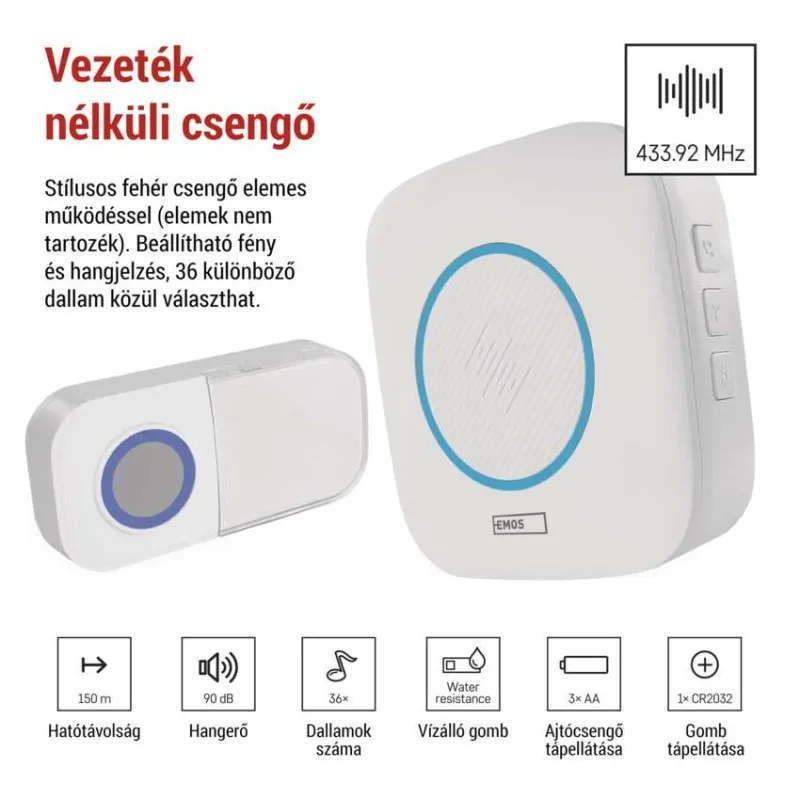 Fehér vezeték nélküli csengő szett adóval és vevővel, 433.92 MHz.