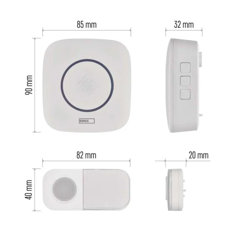 Fehér ajtócsengő méretekkel: 85x90mm (elöl), 32mm (oldalnézet).