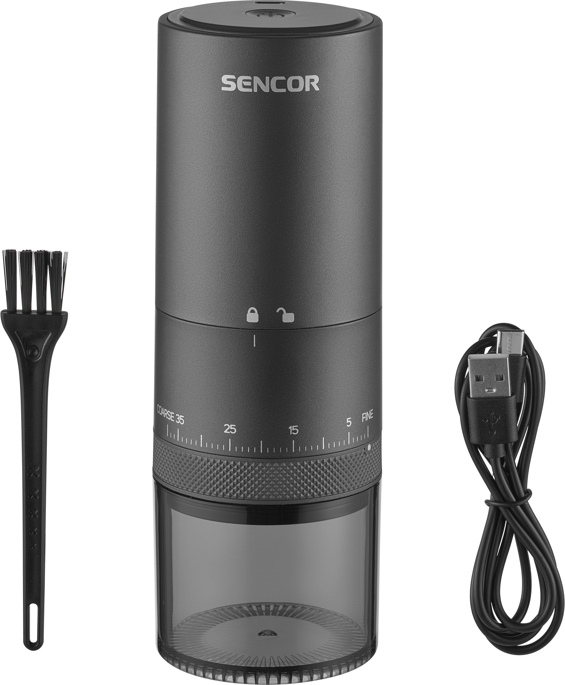 Egy fekete Sencor kávédaráló szett USB-kábellel és kefével.