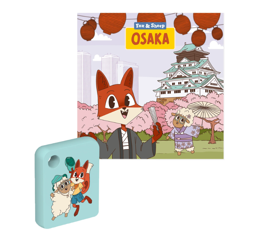Illustration: Fuchs und Schaf reisen nach Osaka, mit Burg und Kirschblüten.