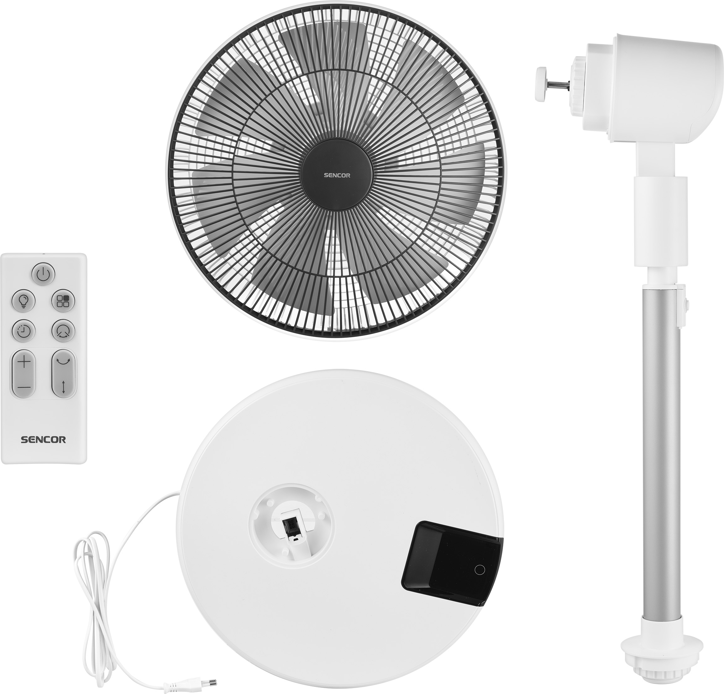 Egy fehér álló ventilátor távirányítóval, rúddal és talppal.