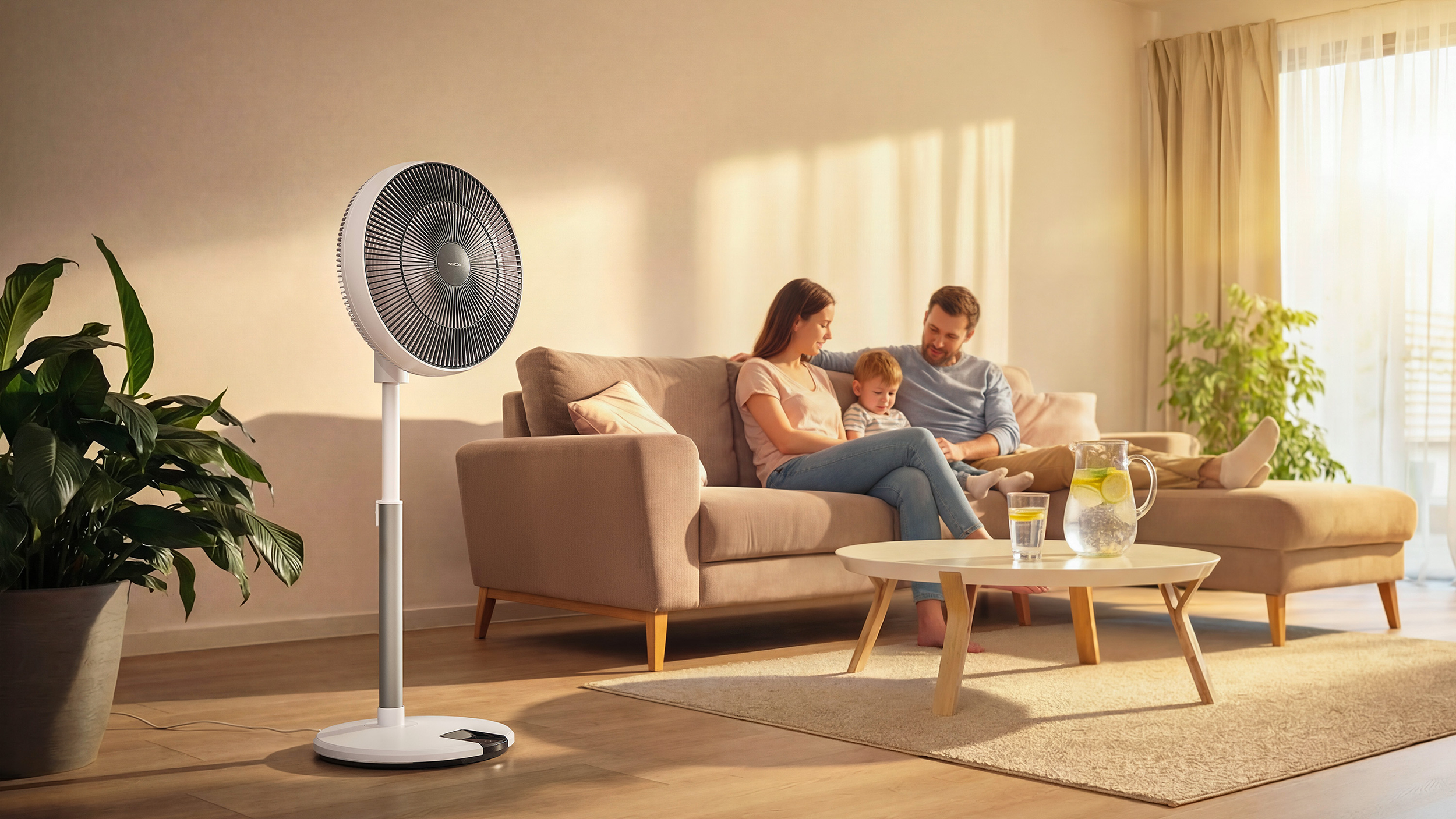Egy férfi, egy nő és egy gyermek ül a kanapén, balra egy ventilátorral.