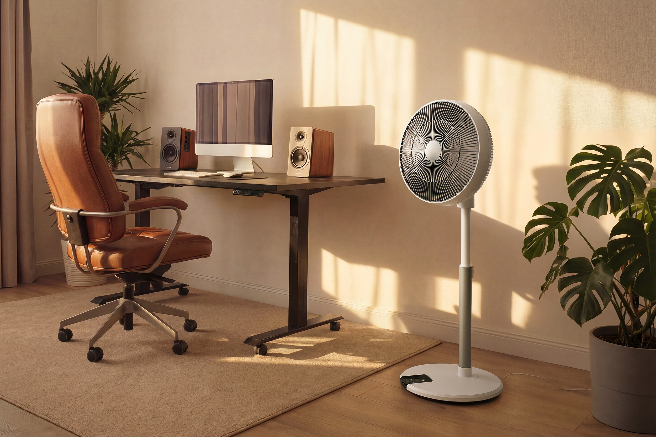 Íróasztal számítógéppel, hangszórókkal, barna bőr fotellel és ventilátorral.