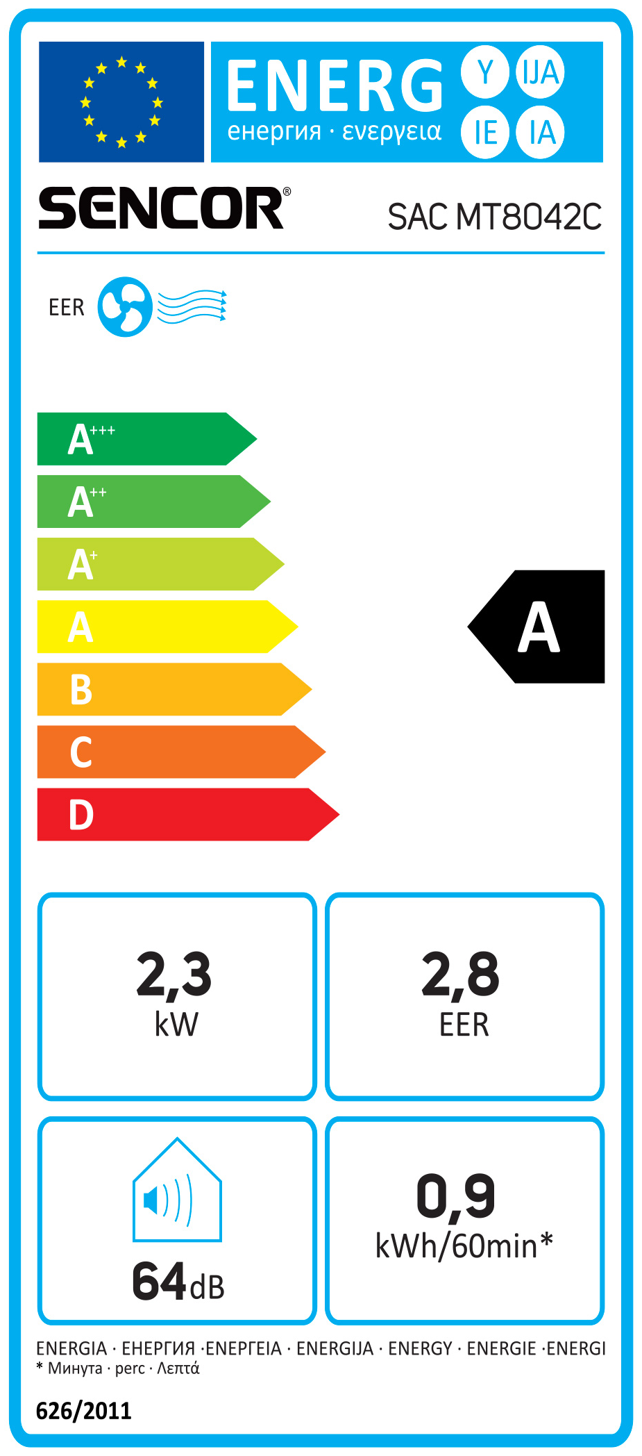 SENCOR SAC MT8042C energia címke, A energiaosztály, 64 dB zajszint.