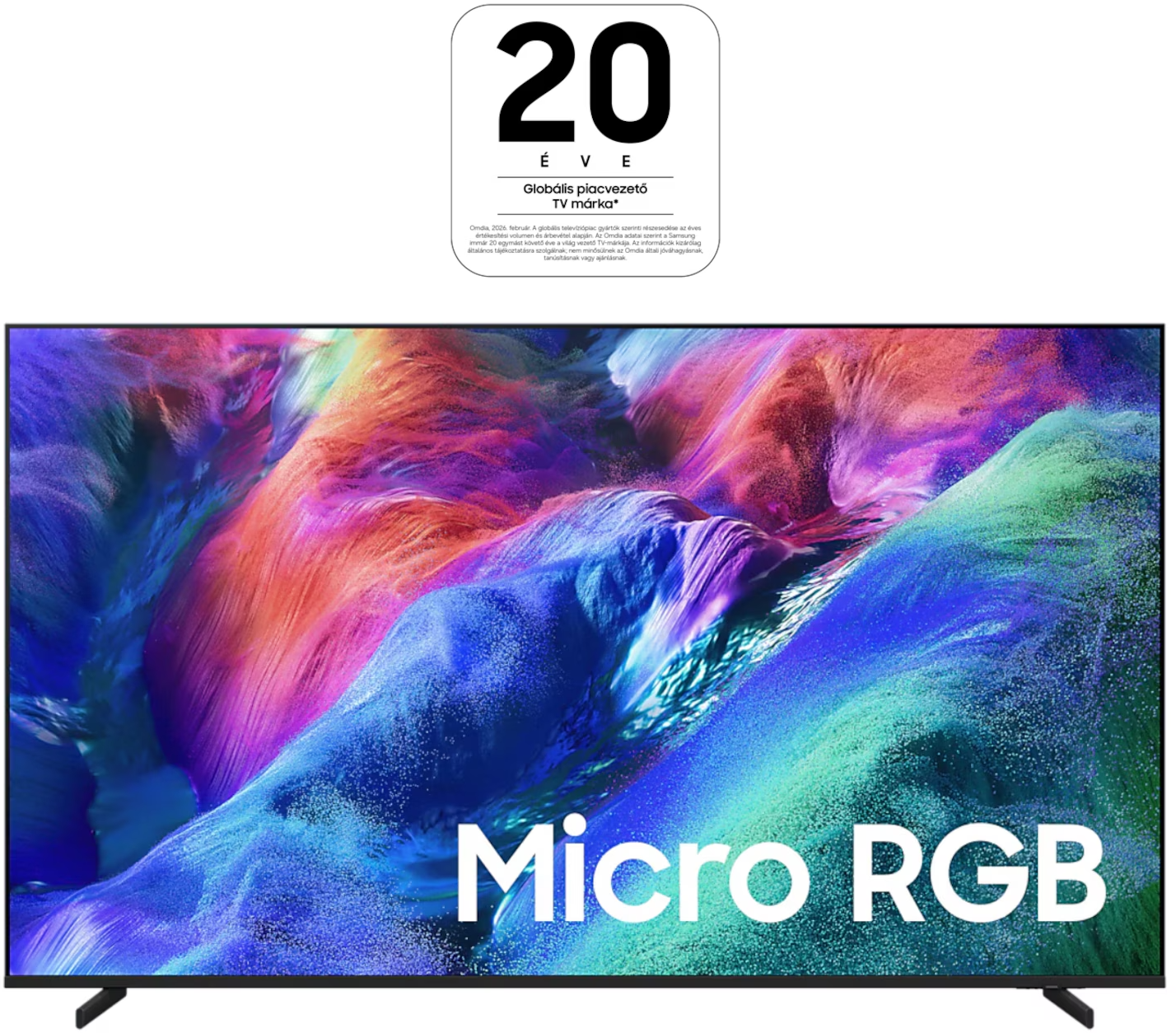 Egy modern TV élénk, absztrakt képet jelenít meg. Szöveg: Micro RGB.