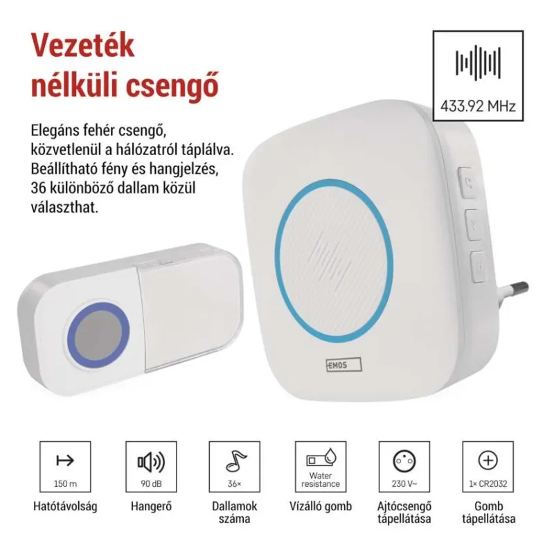 Fehér vezeték nélküli csengő szett adóval és vevővel. 150m hatótáv, 90dB, 36 dallam.