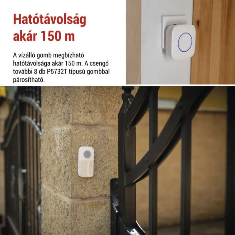 Fehér csengőgomb kőfalon, fekete kapu mellett.