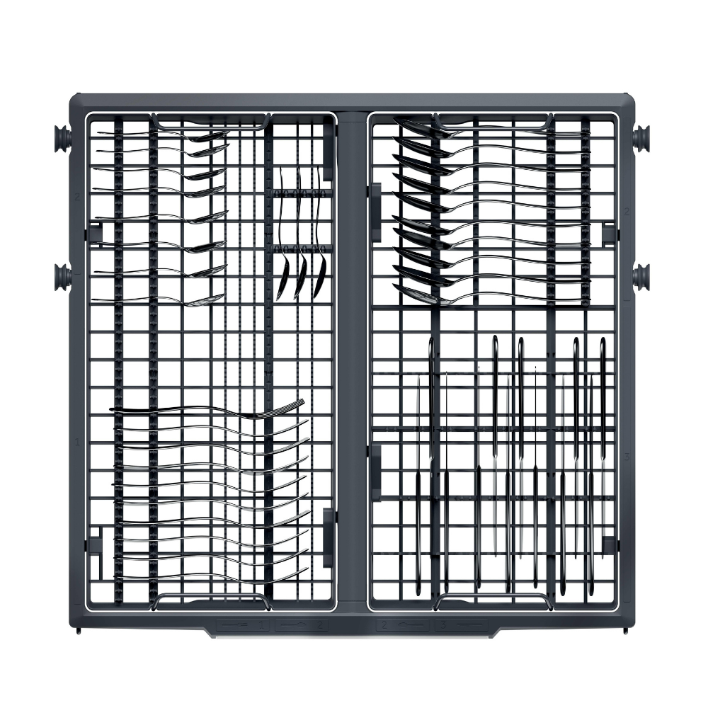 Cesta para cubiertos de lavavajillas con dos compartimentos con cucharas, tenedores y cuchillos.