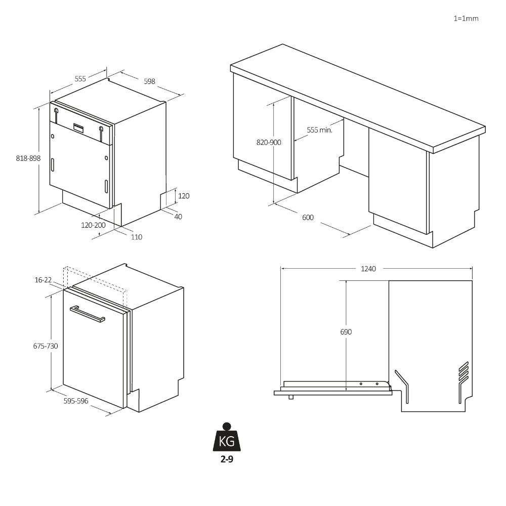 Dibujos técnicos de un lavavajillas con dimensiones y detalles de instalación.