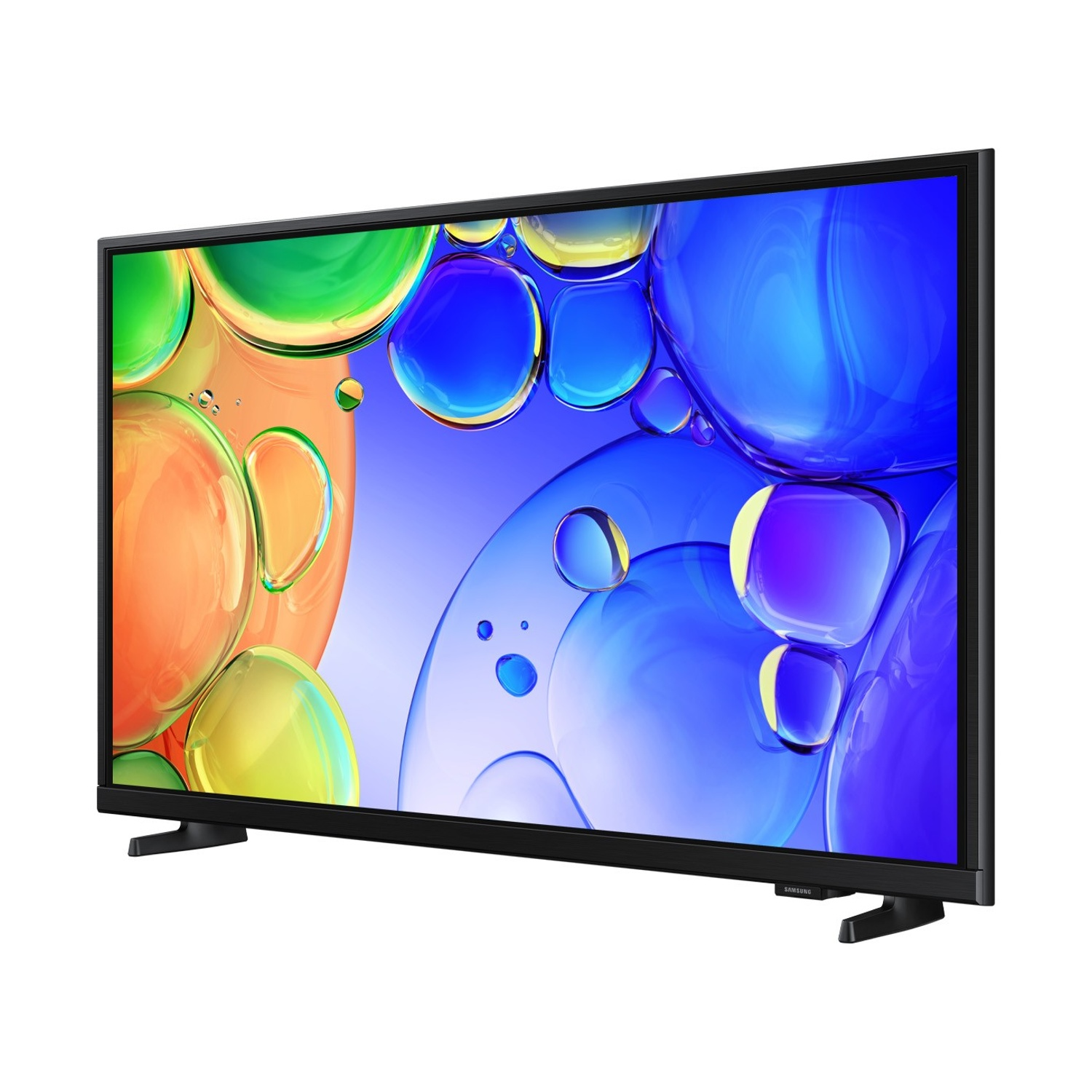 Un TV Samsung con bolle colorate sullo schermo, isolato su sfondo bianco.