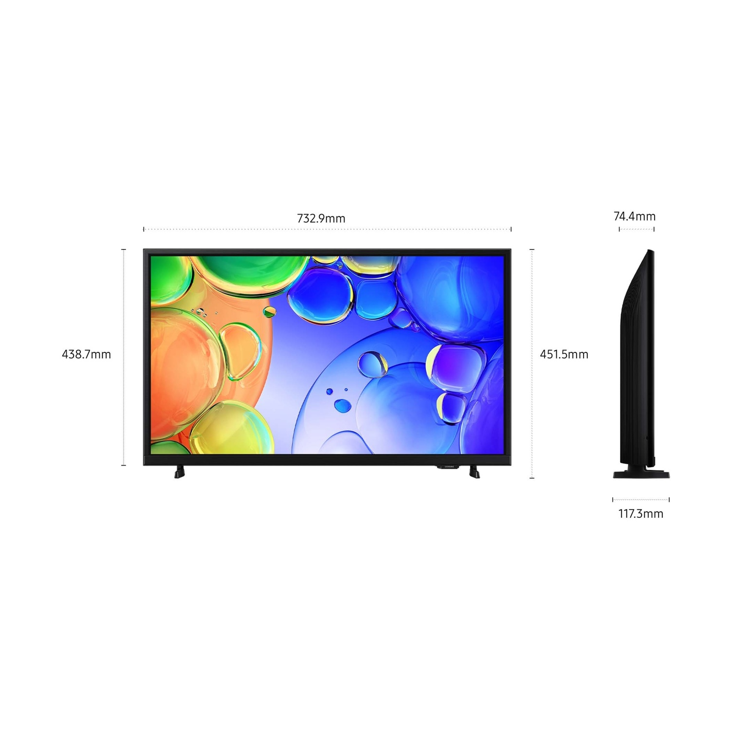 TV a schermo piatto con dimensioni e profilo laterale.