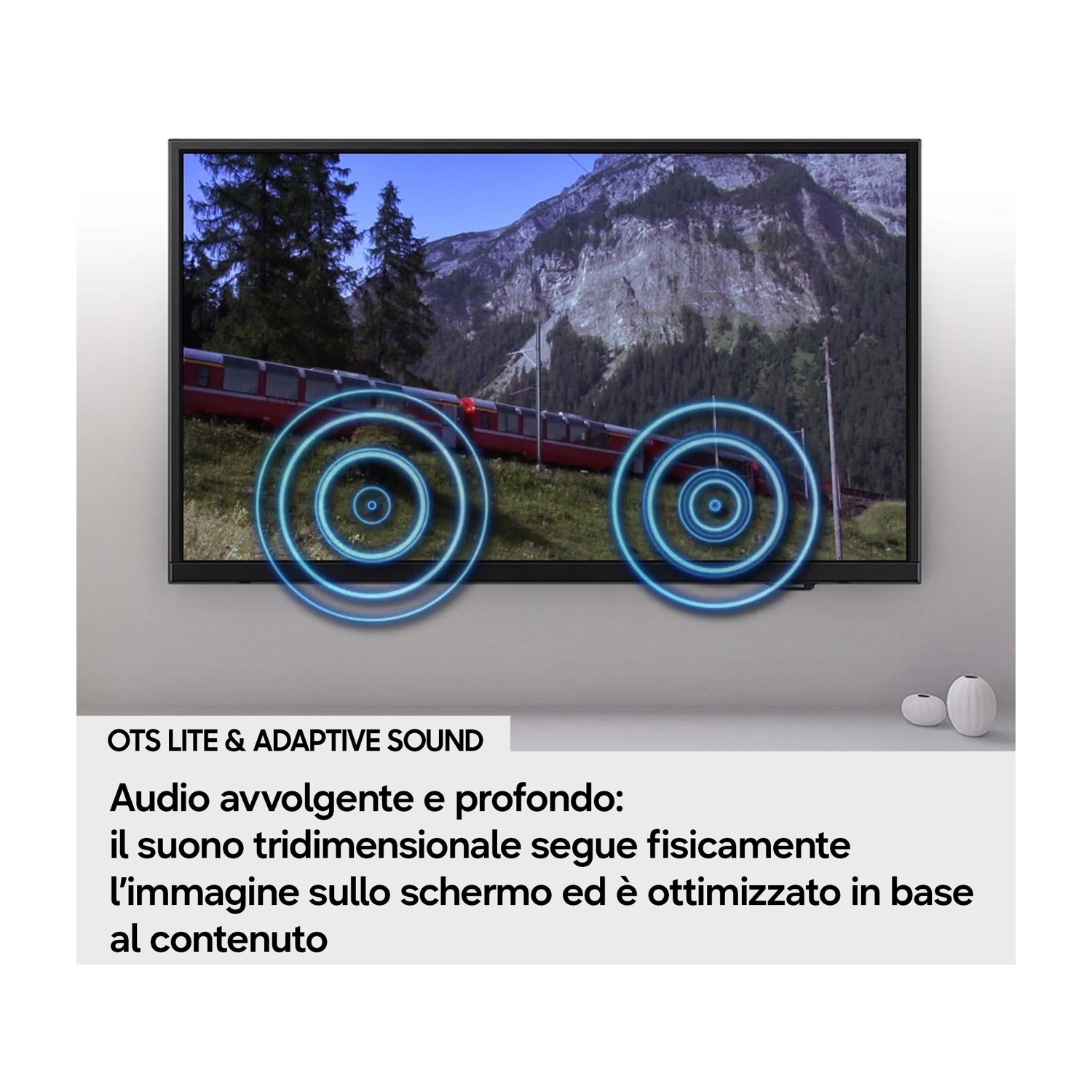 Un televisore mostra un viaggio in treno in montagna con onde sonore blu.