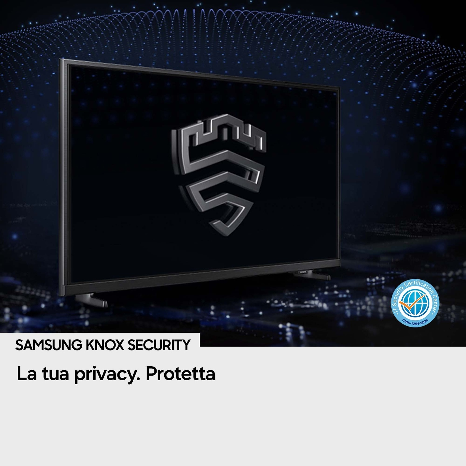 TV Samsung con logo di sicurezza Knox. Sfondo scuro.