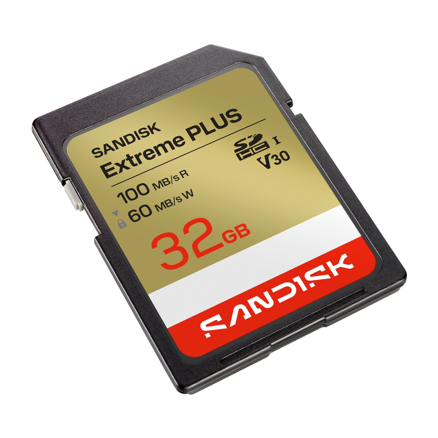 Una scheda SD SanDisk Extreme Plus nera da 32GB con etichetta oro e bianca.