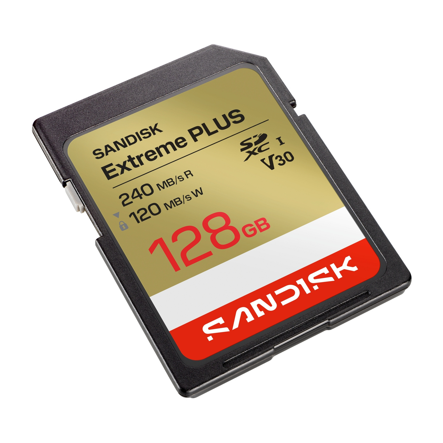 Scheda di memoria Sandisk Extreme Plus 128GB SDXC con velocità di lettura 240MB/s e scrittura 120MB/s.