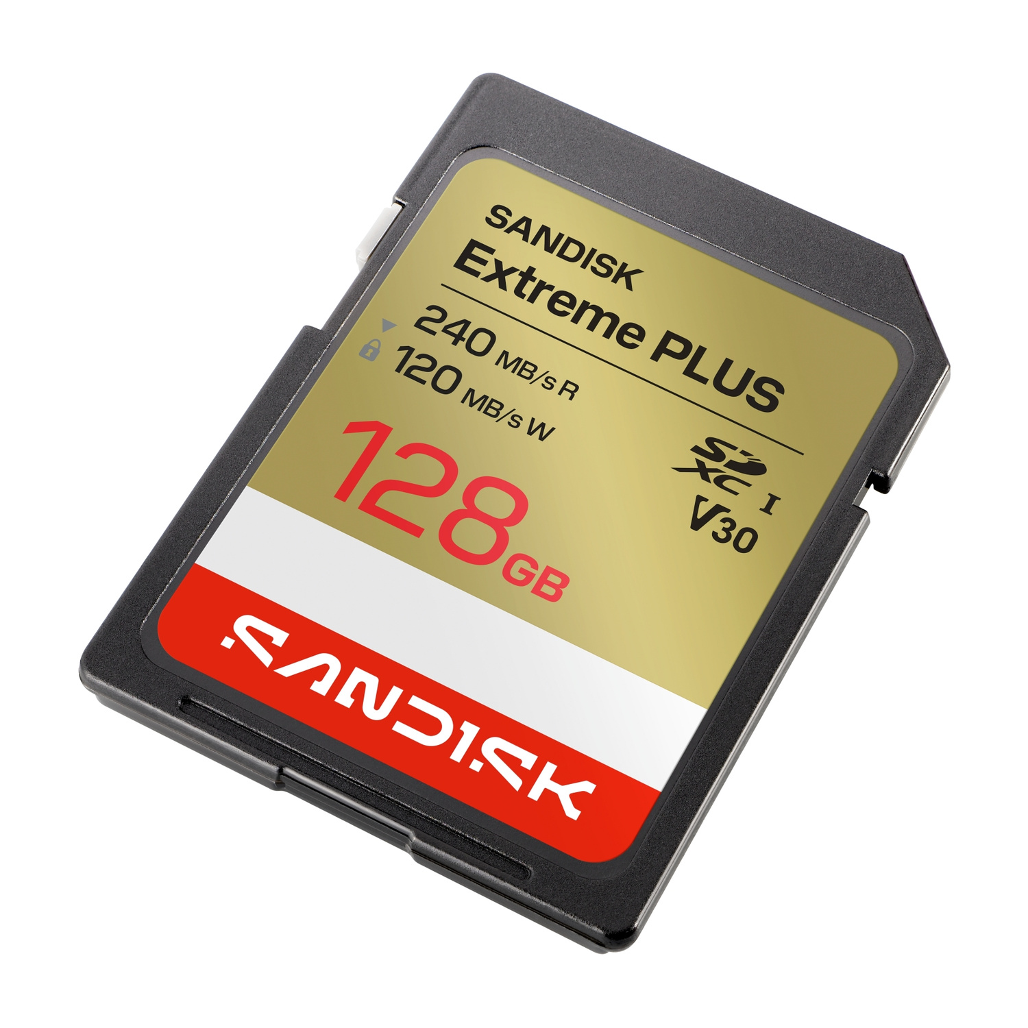 Scheda di memoria SanDisk Extreme PLUS da 128 GB con 240 MB/s in lettura e 120 MB/s in scrittura.