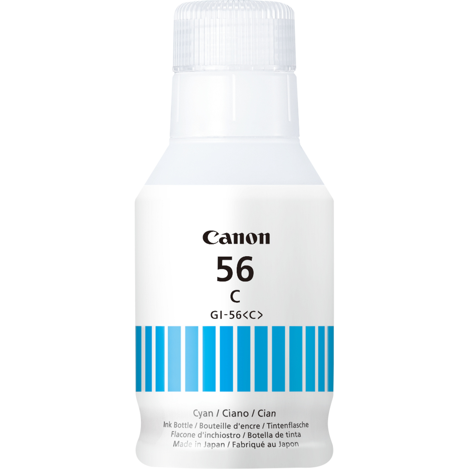 Botella de tinta Canon blanca, modelo 56 C, en cian.
