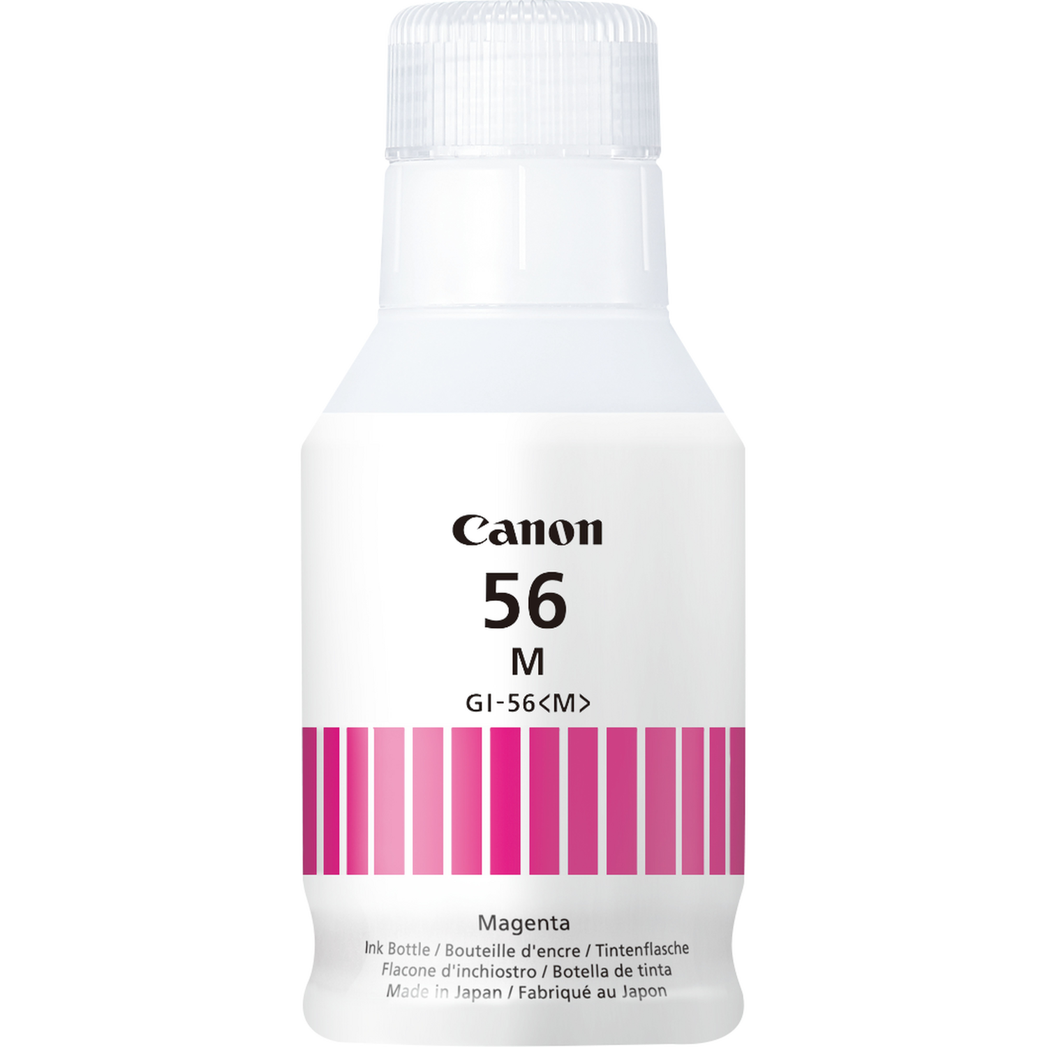 Botella blanca de tinta Canon, modelo 56 M, color magenta con rayas.