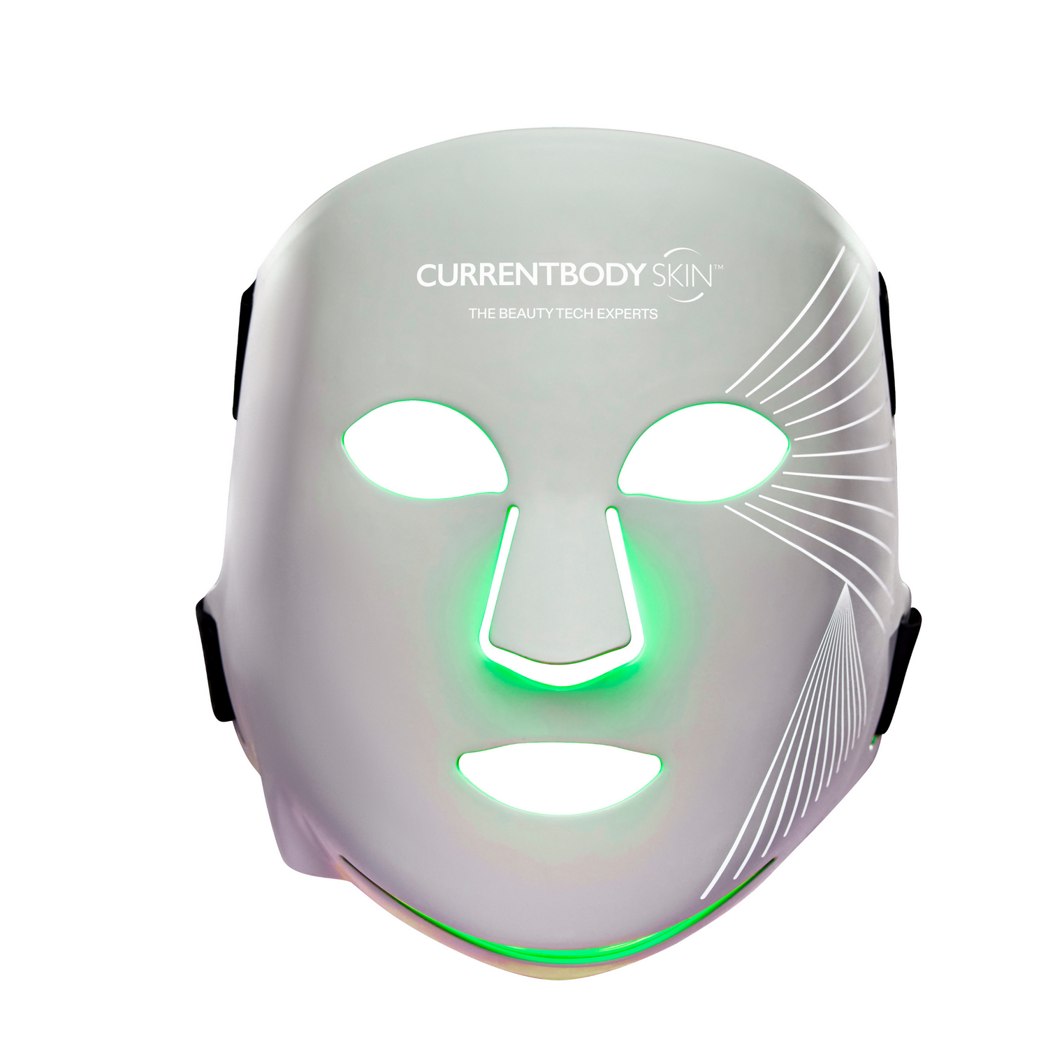 Una mascarilla facial LED blanca con luces verdes y marca 'CURRENTBODY SKIN'.