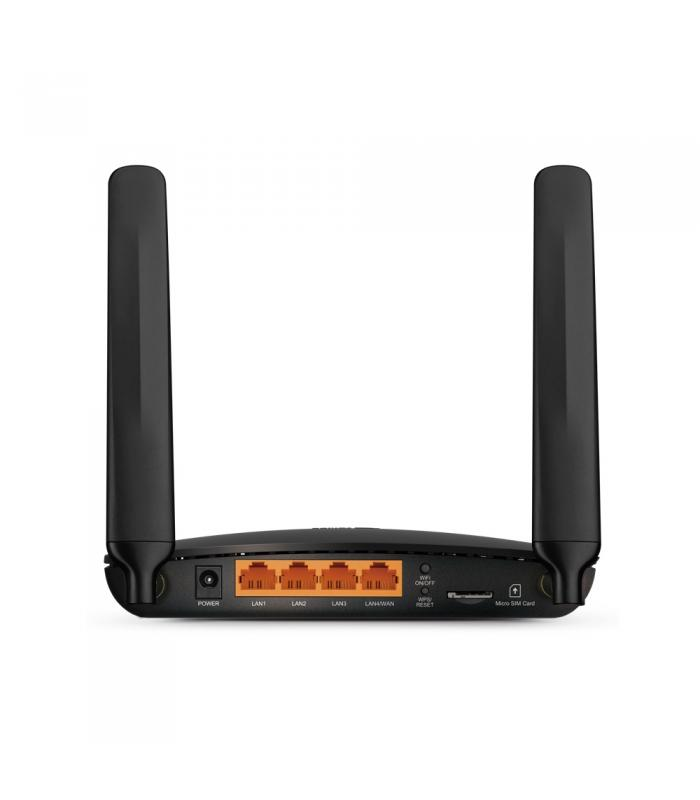 Router negro con dos antenas, cuatro puertos LAN, alimentación, WPS y ranura micro SIM.