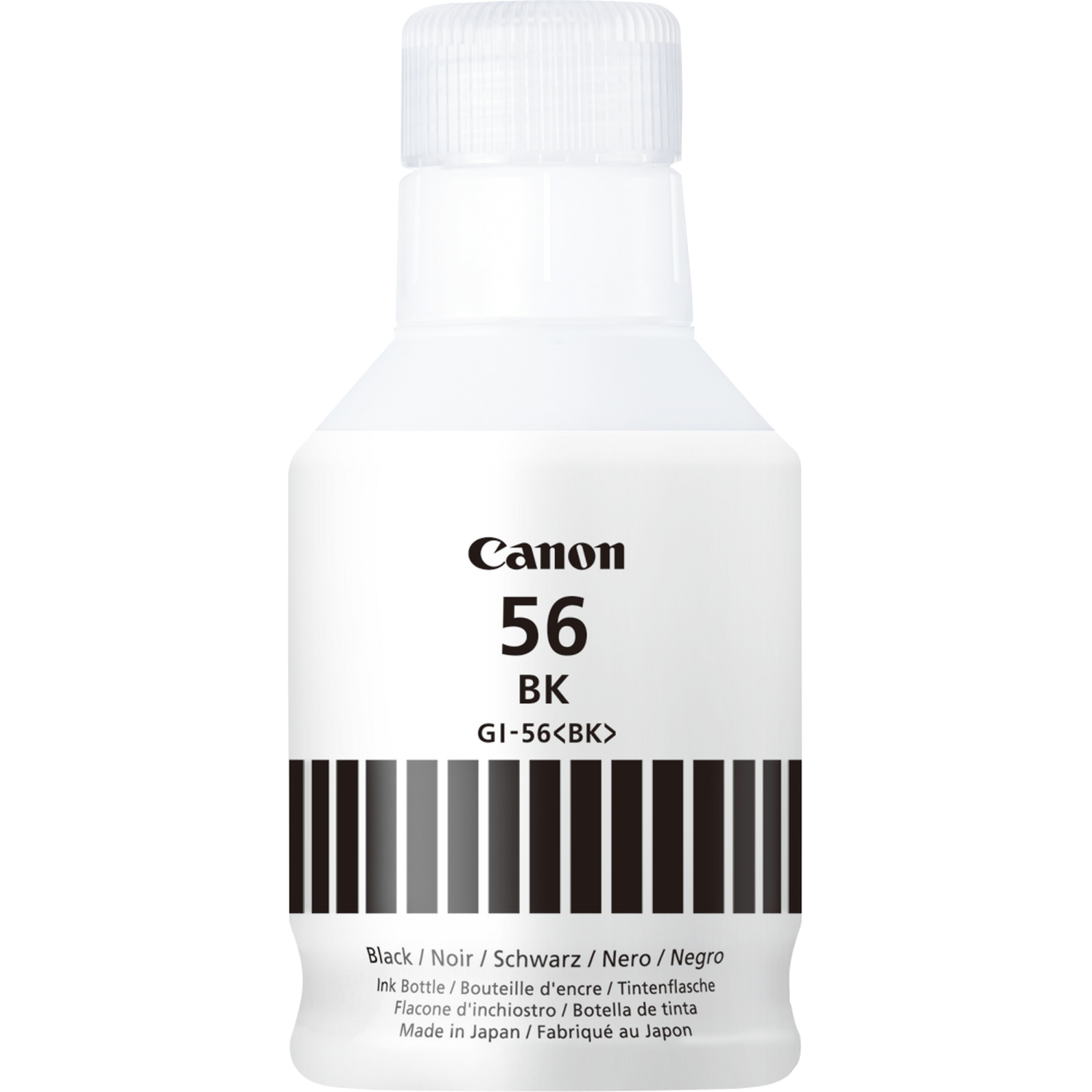 Botella blanca con tinta negra, modelo Canon 56 BK, Made in Japan.