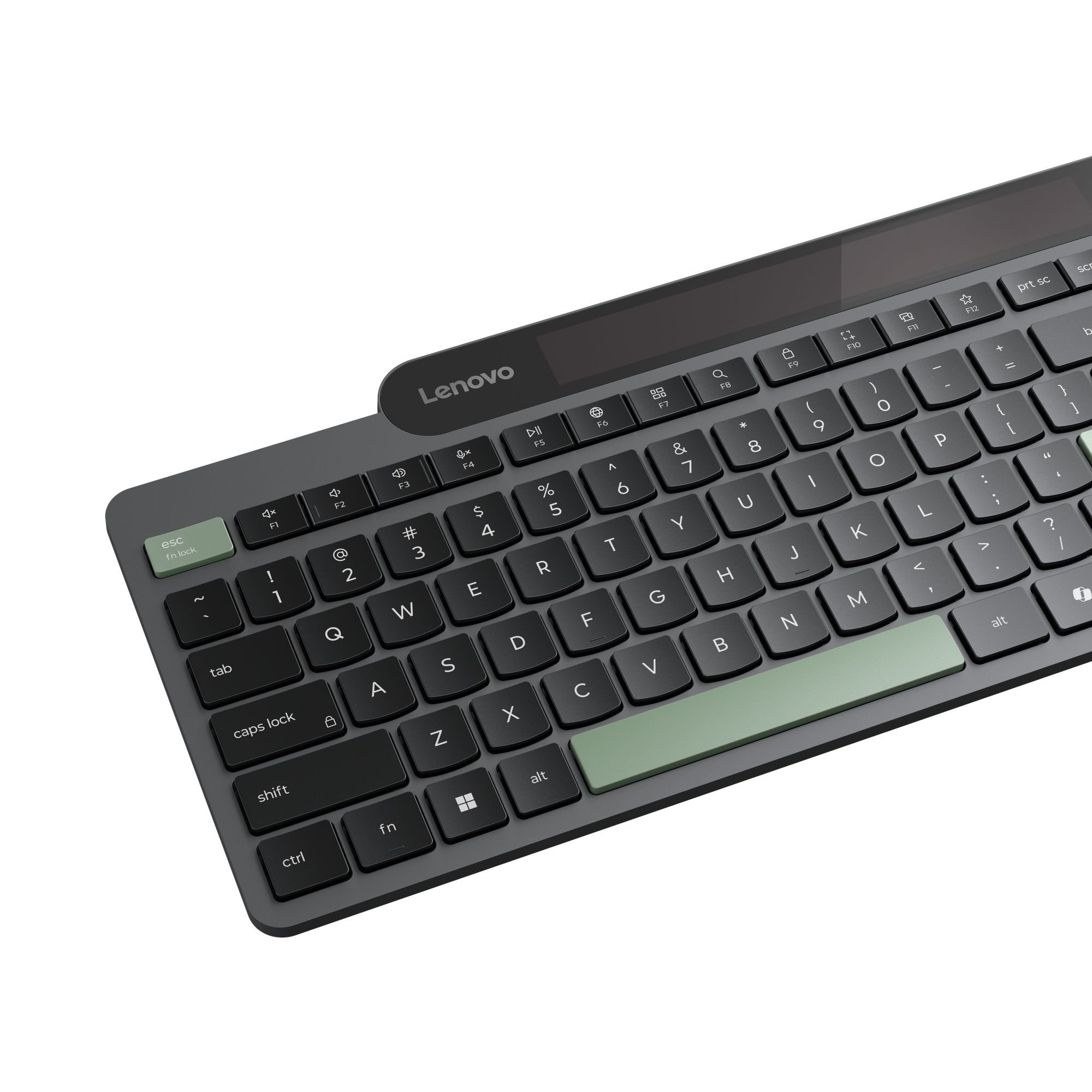 Primer plano de un teclado Lenovo gris con teclas de acento verdes sobre fondo negro.