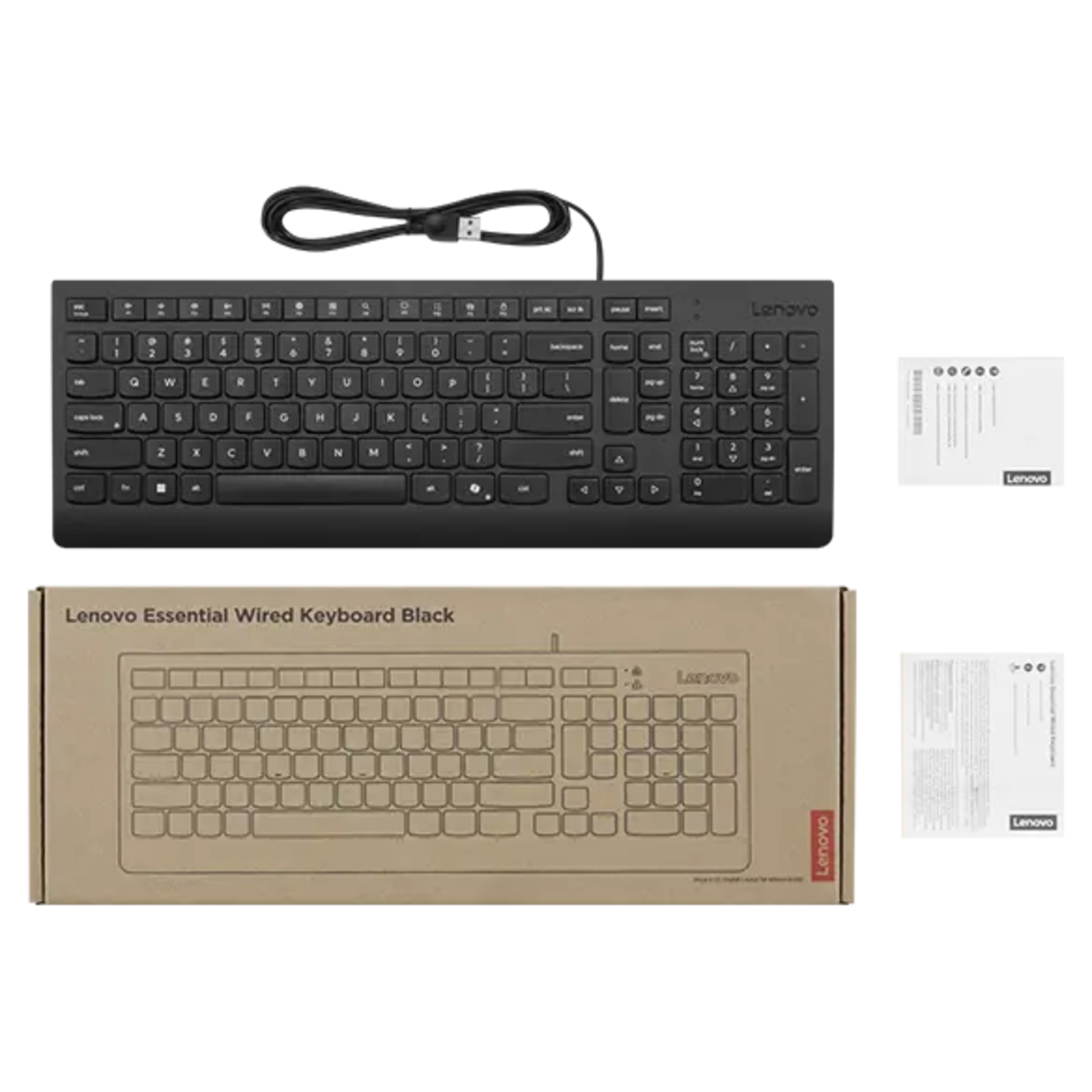 Teclado negro con cable Lenovo y su embalaje. Incluye cable USB y hojas informativas del producto.