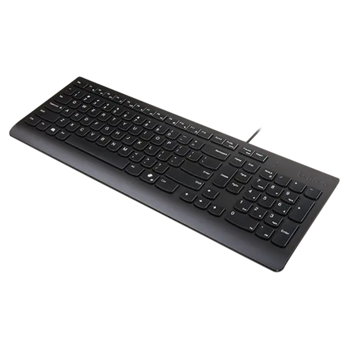 Teclado negro Lenovo con teclado numérico y cable.