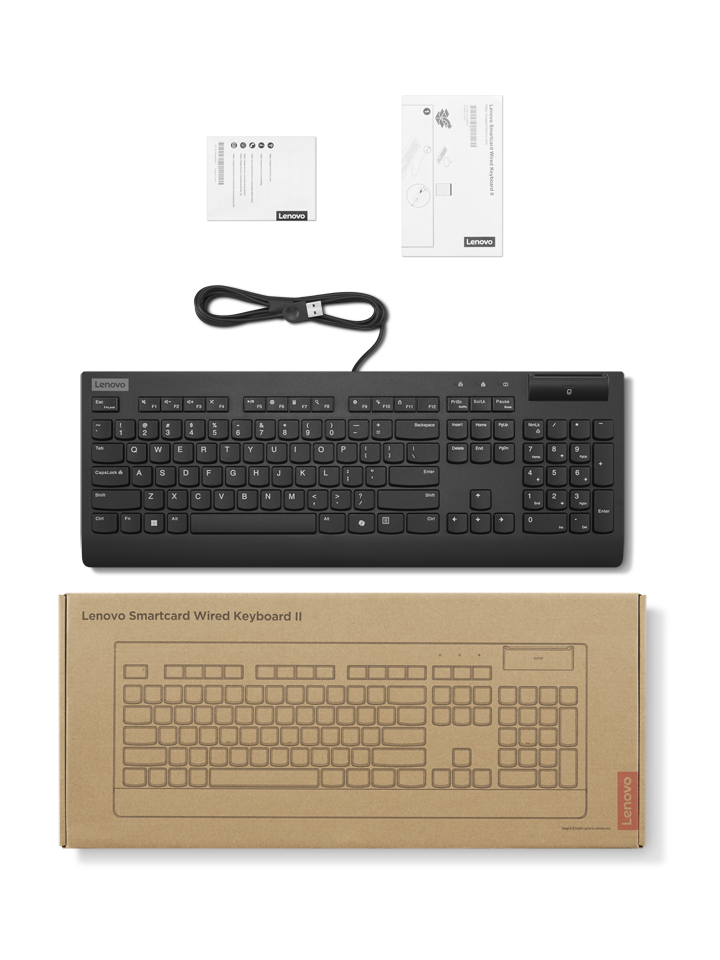 Teclado Lenovo con cable y lector de tarjeta inteligente, cable y manuales.