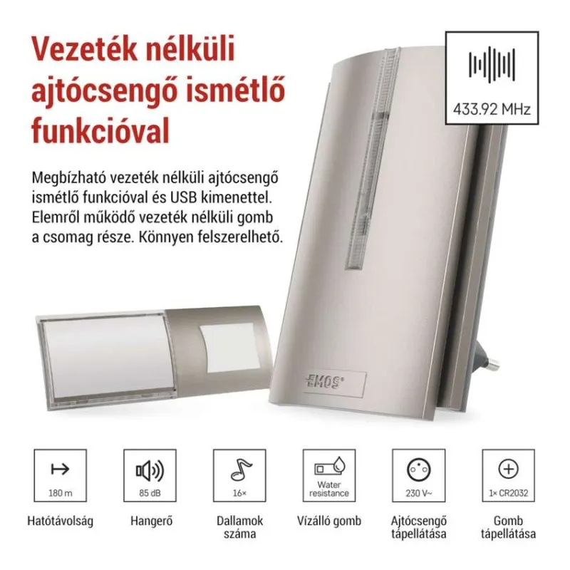 Vezeték nélküli csengő ismétlő funkcióval, 180m hatótáv, 85dB hangerő, 16 dallam.
