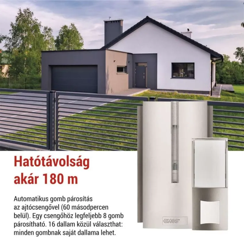 Modern ház garázzsal, kerítéssel és csengőegységgel.