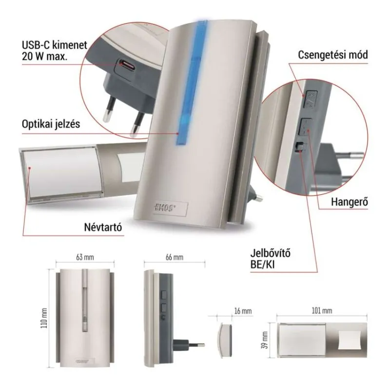 Vezeték nélküli csengő USB-C-vel, optikai jelzéssel és névtartóval.