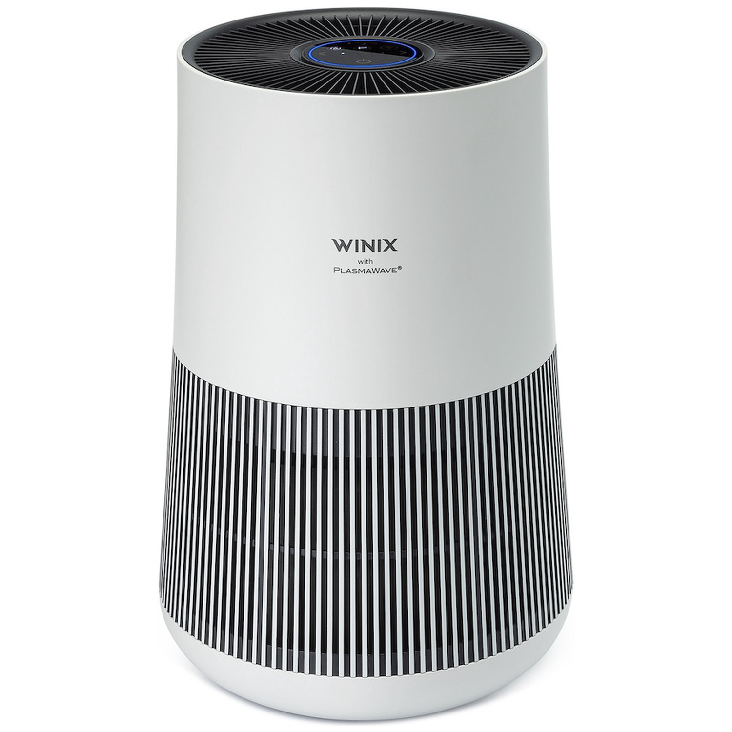A white air purifier with a black striped pattern and controls at the top.