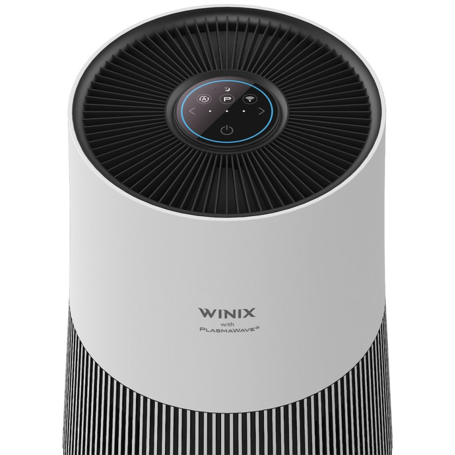 A white air purifier with a black fan grille and blue control panel.