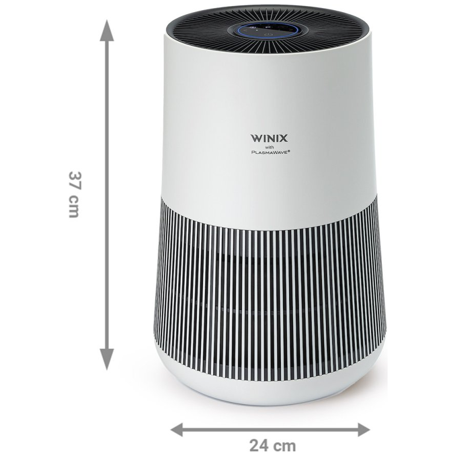A white air purifier with a black grille, measuring 37x24 cm.