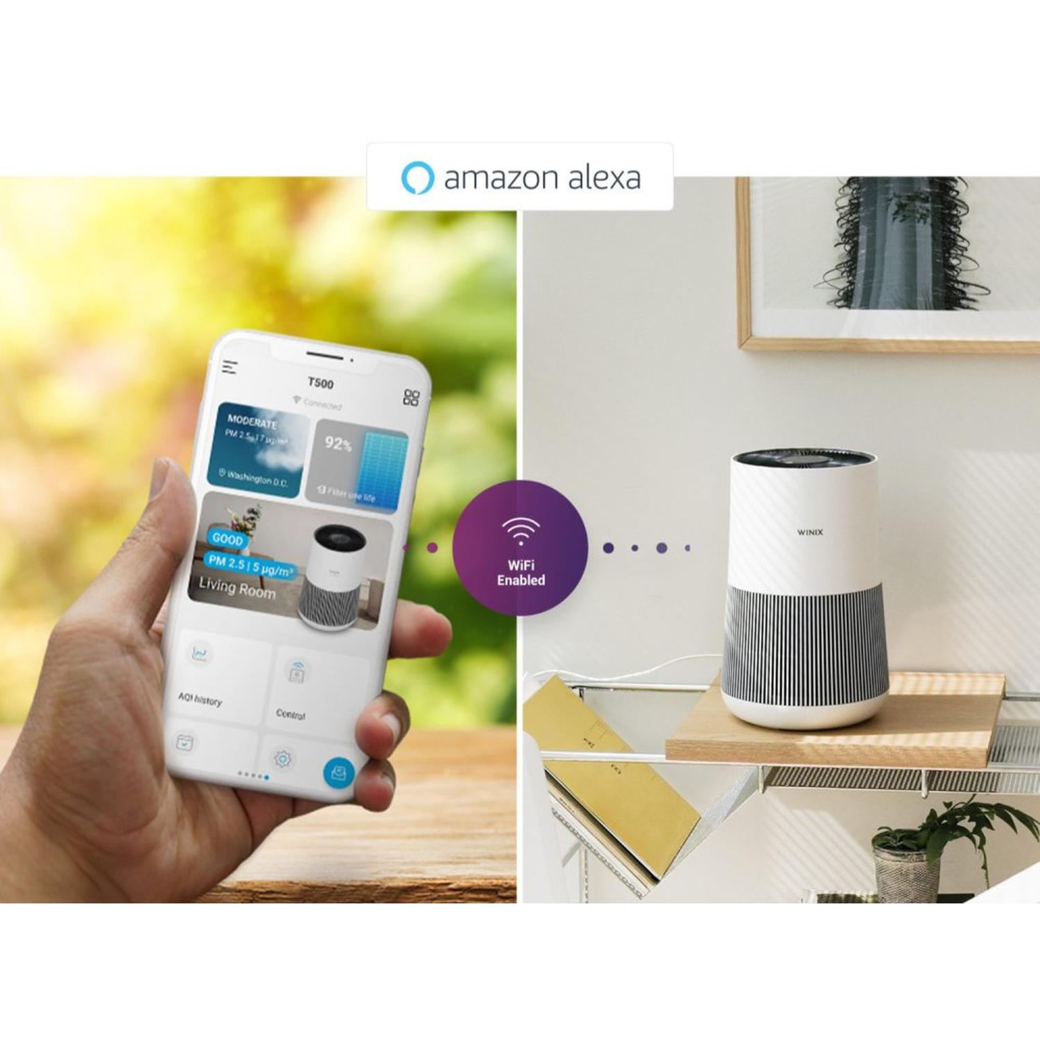 Phone shows air quality app. Air purifier on shelf. Amazon Alexa & WiFi enabled.