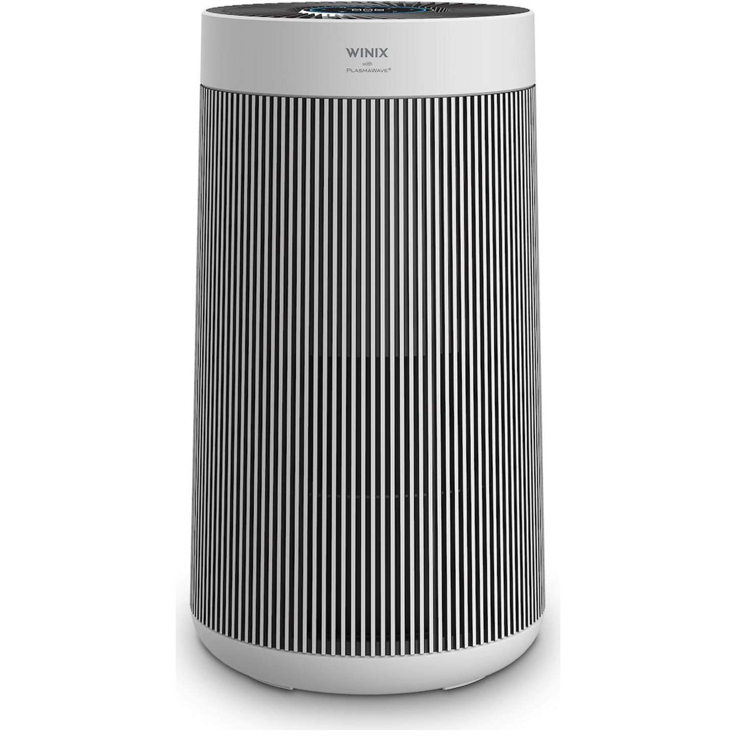 A white cylinder air purifier with a black and white striped body and a gray top.