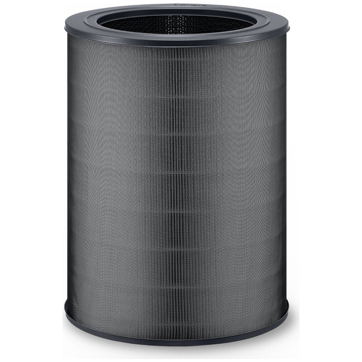 A cylindrical gray air filter with a fine mesh pattern and a black rim.